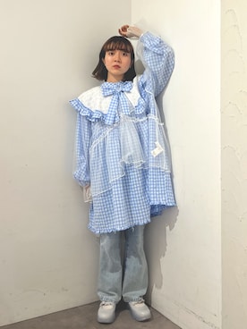 「参戦服」｜「アイテム（パンツ、ブルー系）」を使った、manamiさん（レディース・154cm）の春コーディネート