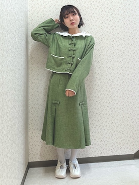「merry jenny（メリージェニー）のアイテム（ノーカラージャケット）」を使った、manamiさん（レディース・154cm）の秋コーディネート