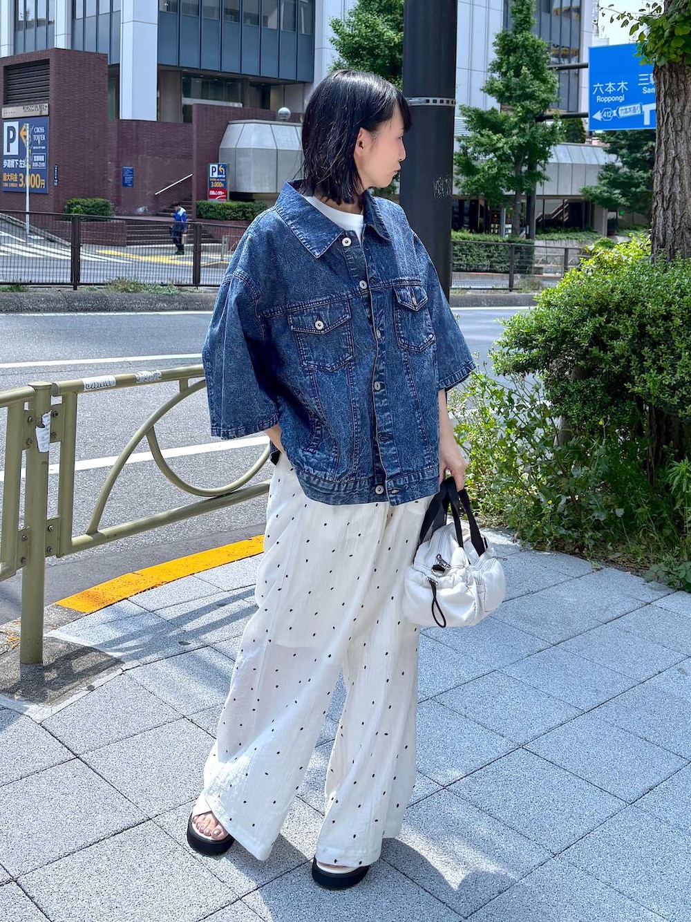 ブルー系のシャツ/ブラウス、ホワイト系のサンダル、ホワイト系のショルダーバッグを着用したレディースの夏コーディネートの1枚目の写真