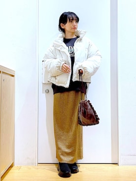 「巾着バッグ」｜「アイテム（ブルゾン）」を使った、あおき@LAKOLE海老名さん（レディース・156cm）の冬コーディネート