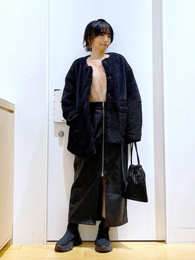 「巾着バッグ」｜「アイテム（ブルゾン）」を使った、あおき@LAKOLE海老名さん（レディース・156cm）の冬コーディネート