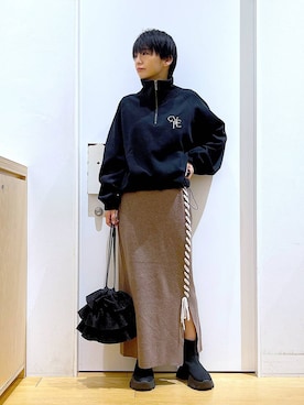 「巾着バッグ」｜「アイテム（ブーツ）」を使った、あおき@LAKOLE海老名さん（レディース・156cm）の冬コーディネート