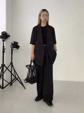 「URBAN RESEARCH ROSSO WOMEN（アーバンリサーチ　ロッソ）の防シワ リネンライクハーフスリーブジャケット（その他アウター、ブラック系）」を使った、momokaさん（レディース・155cm）の夏コーディネート