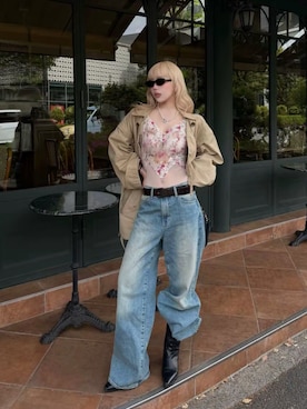 「THROW by SLY（スローバイスライ）のアイテム（デニムパンツ、ブルー系）」を使った、Tsujita Rinoさん（レディース・153cm）の秋コーディネート