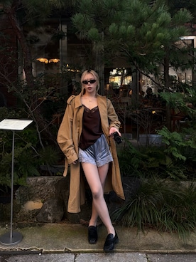 「MOUSSY（マウジー）の【26年AW新作】GATHER FLAT ローファー（ローファー、ブラック系）」を使った、Tsujita Rinoさん（レディース・153cm）の秋コーディネート