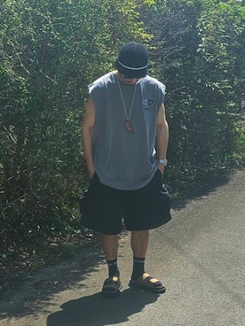 「SPINNS（スピンズ）のラインコットンハット（ハット）」を使った、Kentaさん（メンズ・172cm・40代）の夏コーディネート