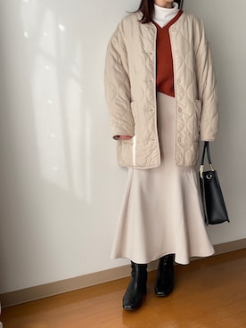「大学生」｜「アイテム（ノーカラージャケット）」を使った、Reiさん（レディース・155cm）の冬コーディネート
