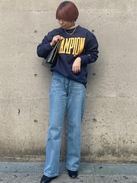 「ジーンズコーデ」｜「アイテム（スウェット）」を使った、ponnuさん（レディース・154cm）の冬コーディネート