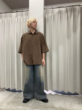 「SENSE OF PLACE by URBAN RESEARCH(センスオブプレイスバイアーバンリサーチ)のスエードタッチエクストラルーズショートスリーブシャツ(シャツ/ブラウス、ブラウン系)」を使った、もりたさん(メンズ・169cm)の夏コーディネート