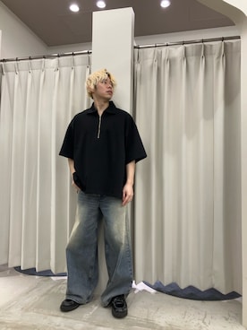 「SENSE OF PLACE by URBAN RESEARCH(センスオブプレイスバイアーバンリサーチ)のダンボールポンチハーフジップショートスリーブTシャツ(Tシャツ/カットソー、ブラック系)」を使った、もりたさん(メンズ・169cm)の春コーディネート