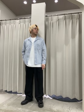「SENSE OF PLACE by URBAN RESEARCH(センスオブプレイスバイアーバンリサーチ)のスラブストライプオープンカラーシャツ(シャツ/ブラウス、ブルー系)」を使った、もりたさん(メンズ・169cm)の春コーディネート