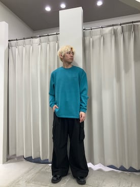 「SENSE OF PLACE by URBAN RESEARCH(センスオブプレイスバイアーバンリサーチ)の『イージーケア/吸水速乾』シシュウダンボールポンチロングスリーブTシャツ(Tシャツ/カットソー、ブルー系)」を使った、もりたさん(メンズ・169cm)の夏コーディネート