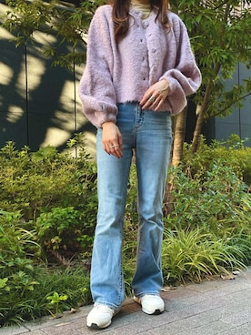 「モヘアカーディガン」｜「アイテム（アクセサリー）」を使った、Nuuさん（レディース・158cm）の秋コーディネート