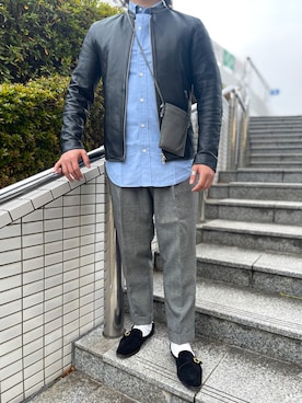 「アイテム（ライダースジャケット）」を使った、安藤直輝さん（メンズ・168cm）の秋コーディネート