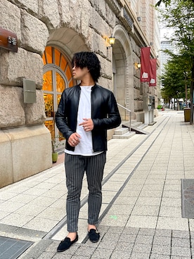 「アイテム（ライダースジャケット）」を使った、安藤直輝さん（メンズ・168cm）の秋コーディネート