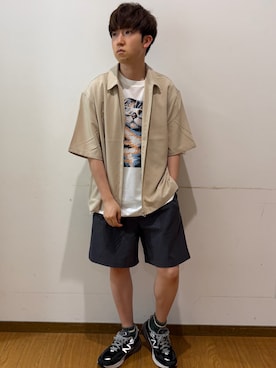 「ITEMS URBANRESEARCH（アイテムズ アーバンリサーチ）の『接触冷感/速乾/イージーケア』WINDY MESH ショートパンツ（その他パンツ、ブラック系）」を使った、yukiさん（メンズ・167cm）の夏コーディネート