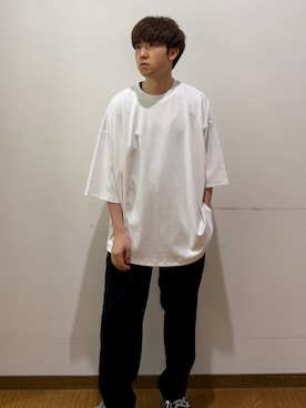 「ITEMS URBANRESEARCH（アイテムズ アーバンリサーチ）のワイドフィットショートスリーブポンチTシャツ（Tシャツ/カットソー、ホワイト系）」を使った、yukiさん（メンズ・167cm）の夏コーディネート