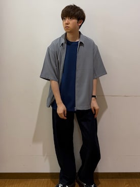 「ITEMS URBANRESEARCH（アイテムズ アーバンリサーチ）の刺繍ジャカードクールタッチ半袖トップス（Tシャツ/カットソー、ブルー系）」を使った、yukiさん（メンズ・167cm）の夏コーディネート