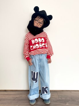 「antiqua（アンティカ）のボアアニマルフード（ニットキャップ/ビーニー）」を使った、𝚁𝙴𝙸☺︎さん（キッズ・110cm）の秋コーディネート