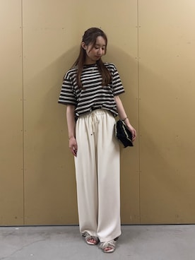 「fredy emue（フレディエミュ）の【汗ジミ軽減】ボーダーTシャツ（Tシャツ/カットソー、ブラウン系）」を使った、のんさん（レディース・151cm）の夏コーディネート