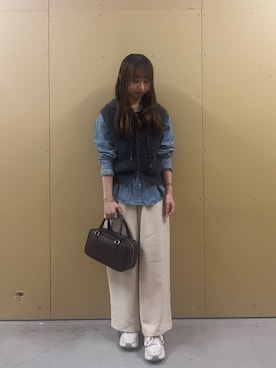 「fredy emue（フレディエミュ）のシャギーフーディニットベスト（ベスト、グレー系）」を使った、のんさん（レディース・151cm）の秋コーディネート
