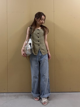 「fredy emue（フレディエミュ）の《セットアップ対応》ギンガム/無地ジレブラウス（シャツ/ブラウス、イエロー系）」を使った、のんさん（レディース・151cm）の夏コーディネート