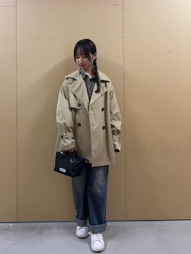「fredy emue（フレディエミュ）の袖ボリュームミドル丈トレンチコート（トレンチコート、ベージュ系）」を使った、のんさん（レディース・151cm）の秋コーディネート