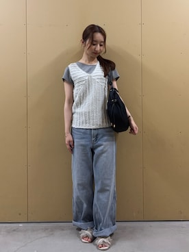 「fredy emue（フレディエミュ）のパフスリーブコンパクトTシャツ（Tシャツ/カットソー、ホワイト系）」を使った、のんさん（レディース・151cm）の夏コーディネート