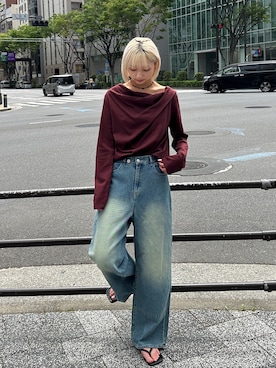 「PILIT（ピリット）のドレープオフショルトップス（Tシャツ/カットソー、ブラウン系）」を使った、PILITさん（レディース・164cm）の春コーディネート