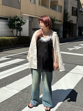 「PILIT（ピリット）のサテンレースキャミ（キャミソール、ブラック系）」を使った、PILITさん（レディース・164cm）の春コーディネート