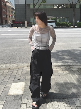 「PILIT（ピリット）のシャーリングシアーTOPS（Tシャツ/カットソー、グレー系）」を使った、PILITさん（レディース・164cm）の夏コーディネート