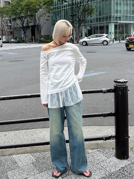 「PILIT（ピリット）のアンバランスオフショルダー裾レーストップス（Tシャツ/カットソー、ホワイト系）」を使った、PILITさん（レディース・164cm）の春コーディネート