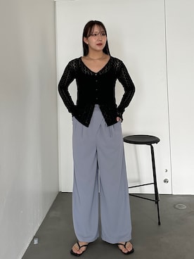 「PILIT（ピリット）のVネックレースカーディガン（Tシャツ/カットソー、ブラック系）」を使った、PILITさん（レディース・163cm）の夏コーディネート