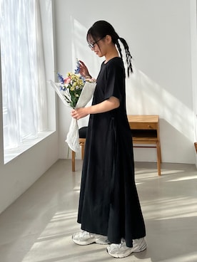 「PILIT（ピリット）の【サイズ展開あり】サイドリボンフレアワンピース（ワンピース、ブラック系）」を使った、PILITさん（レディース・164cm）の夏コーディネート
