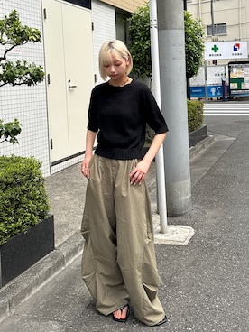 「PILIT（ピリット）の5分袖 ニットプルオーバー（ニット/セーター、ブラック系）」を使った、PILITさん（レディース・164cm）の春コーディネート