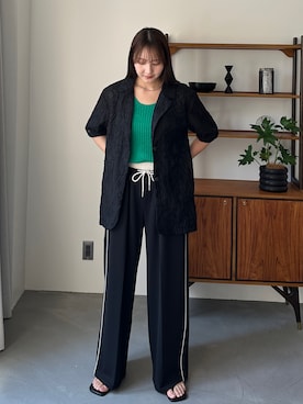 「PILIT（ピリット）のシアー5分袖ジャケット（テーラードジャケット、ブラック系）」を使った、PILITさん（レディース・164cm）の春コーディネート