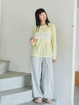 「PILIT（ピリット）の配色メローシアーロンT（Tシャツ/カットソー、イエロー系）」を使った、PILITさん（レディース・164cm）の春コーディネート