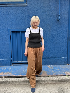 「PILIT（ピリット）のスクエア リブニットキャミソール（キャミソール、ブラック系）」を使った、PILITさん（レディース・164cm）の春コーディネート