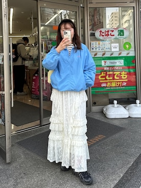 「PILIT（ピリット）のハーフジップ ナイロンプルオーバー（その他トップス、ブルー系）」を使った、PILITさん（レディース・164cm）の春コーディネート