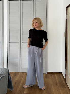 「PILIT（ピリット）のアイレット クルーネックtee（セットアップ対応）（Tシャツ/カットソー、ブラック系）」を使った、PILITさん（レディース・163cm）の夏コーディネート