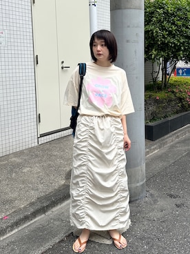「PILIT（ピリット）のflower×logo tee（Tシャツ/カットソー、ホワイト系）」を使った、PILITさん（レディース・164cm）の夏コーディネート