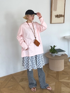 「PILIT（ピリット）の【サイズ展開あり】ビックポケットロンTee（Tシャツ/カットソー、ピンク系）」を使った、PILITさん（レディース・164cm）の夏コーディネート