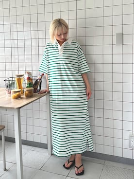 「PILIT（ピリット）のラガーシャツOP（ワンピース、グリーン系）」を使った、PILITさん（レディース・164cm）の夏コーディネート