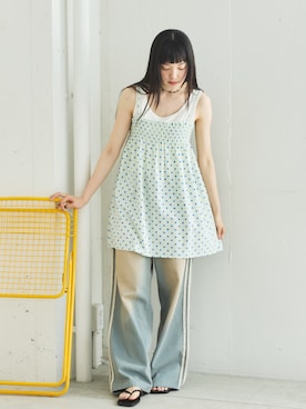 「PILIT（ピリット）のマルチway ドットキャミソール（シャツ/ブラウス、ブルー系）」を使った、PILITさん（レディース・164cm）の夏コーディネート
