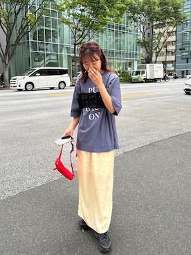「PILIT（ピリット）のロゴ チュニック tee（Tシャツ/カットソー、ブルー系）」を使った、PILITさん（レディース・164cm）の春コーディネート