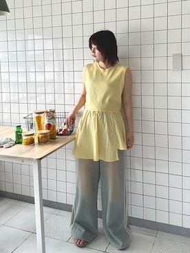 「PILIT（ピリット）のランダムヘム切替ノースリニット（ニット/セーター、イエロー系）」を使った、PILITさん（レディース・164cm）の夏コーディネート