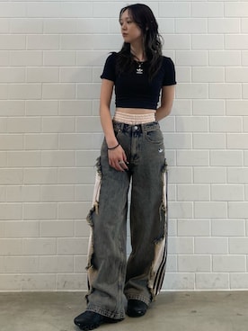 「adidas（アディダス）のエッセンシャルズ リブ Tシャツ / アディダスオリジナルス adidas Originals（Tシャツ/カットソー、ブラック系）」を使った、RTさん（レディース・160cm）の春コーディネート