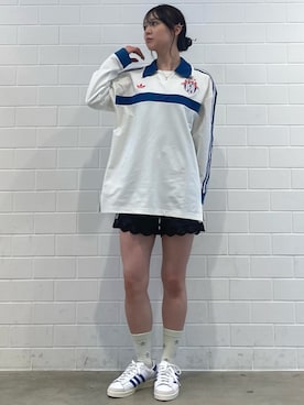 「adidas（アディダス）のレース トリム スリーストライプス ショーツ ショートパンツ / アディダスオリジナルス adidas Originals（その他パンツ、ブラック系）」を使った、RTさん（レディース・160cm）の春コーディネート