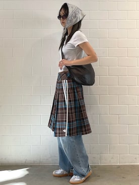 「adidas（アディダス）のプリーツ チェック スカート / アディダスオリジナルス adidas Originals（スカート、ブラウン系）」を使った、RTさん（レディース・160cm）の春コーディネート