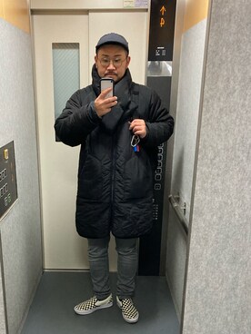 「THE NORTH FACE（ザノースフェイス）のアイテム（キャップ、ブラック系）」を使った、Texas  Steakさん（メンズ）の冬コーディネート